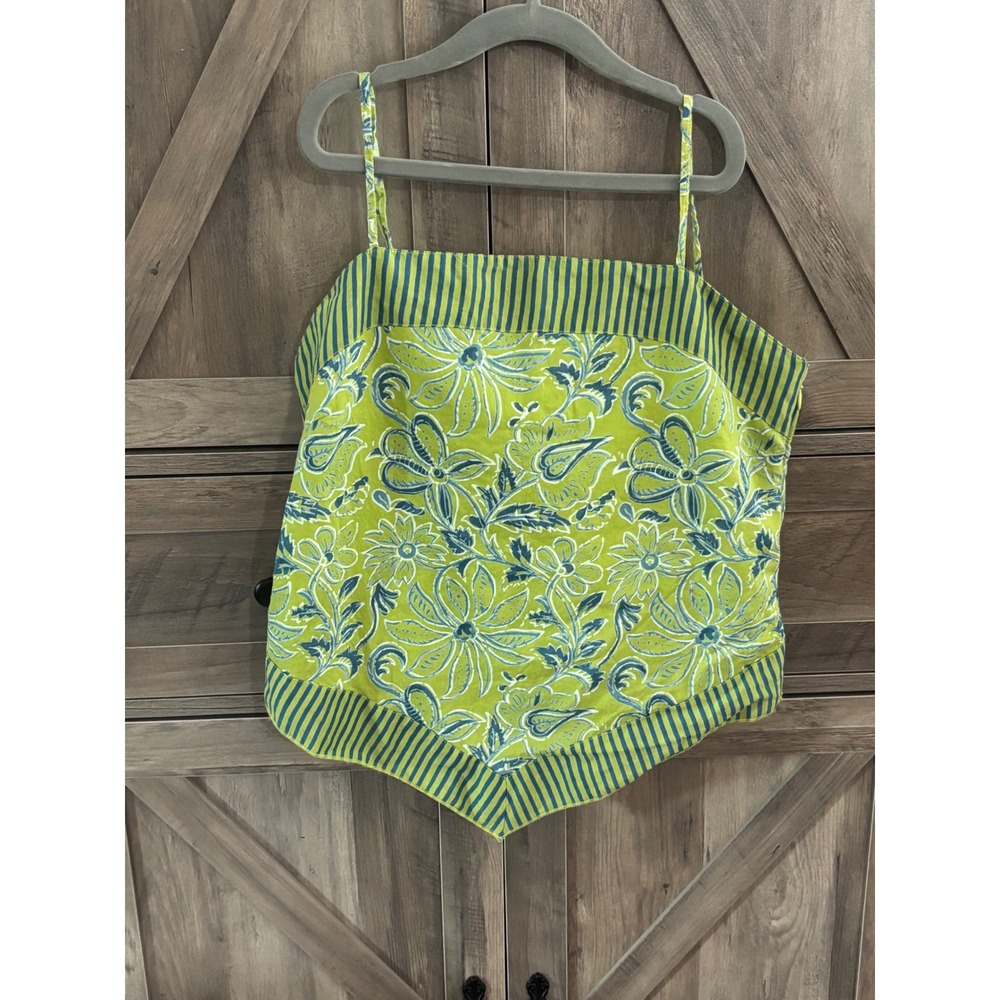 Gap Lime Green Floral Paisley Stripe Tie Back Handkerchief Camisole Top Small